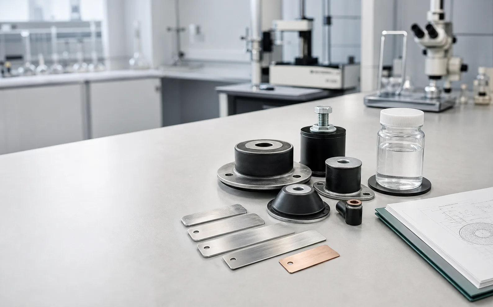 Rubber-to-metal components, metal samples and technical documents in a bright materials laboratory