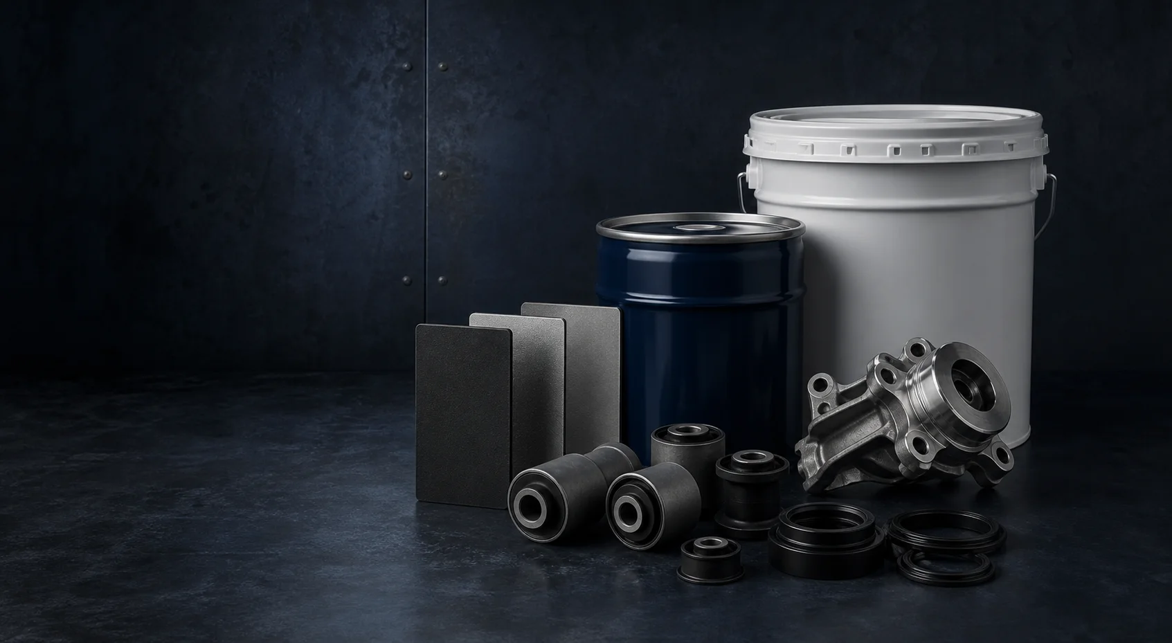 Industrial chemicals, metal samples and automotive components arranged for supply