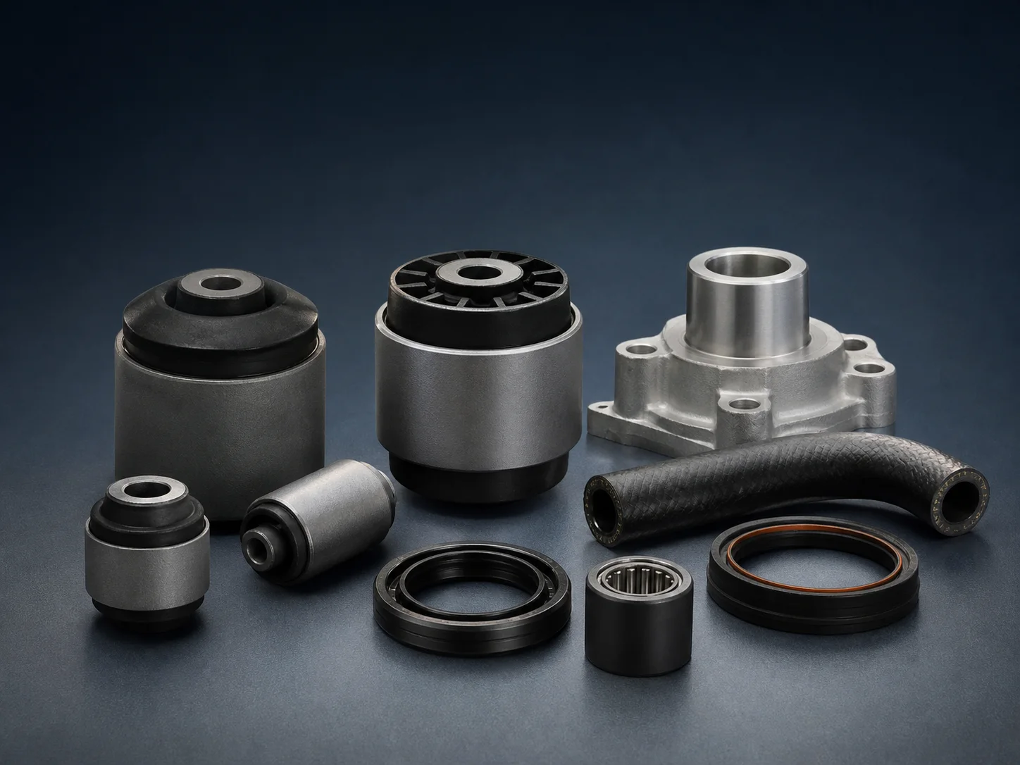 Selected rubber-metal bushings, seals, hose and machined components