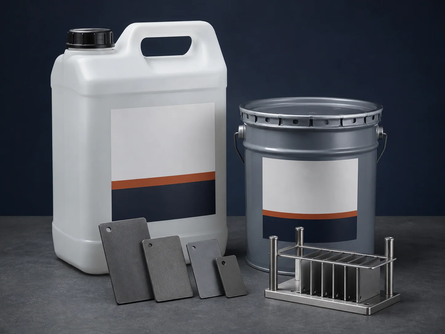 Generic metal treatment chemical containers with prepared metal samples